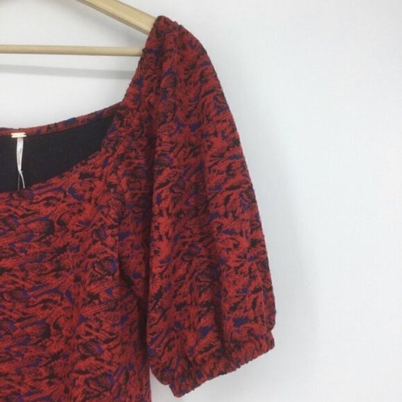 Free People Sunset Mini Dress L NWT Red Multi Print Puff Sleeve Bodycon Stretch - Picture 4 of 11
